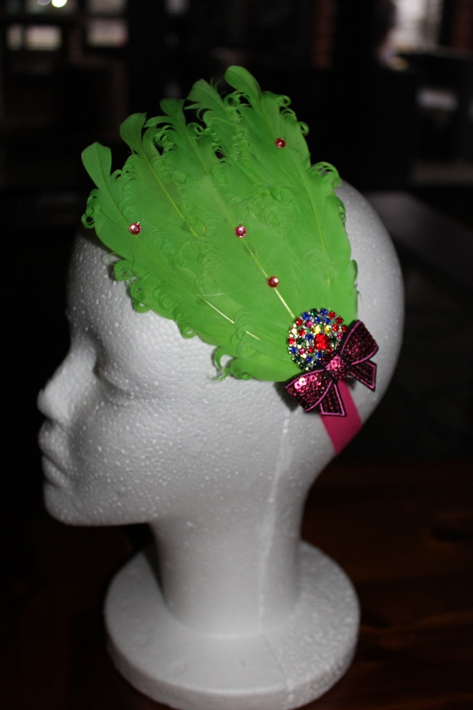 Feather Headband  - Green/Pink