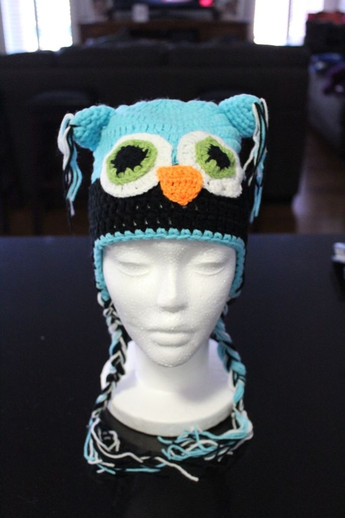 Owl Ear Flap Crochet Beanie (Green Eyes)