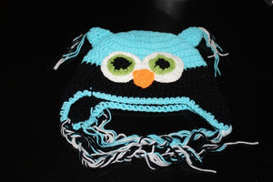 Owl Ear Flap Crochet Beanie (Green Eyes)